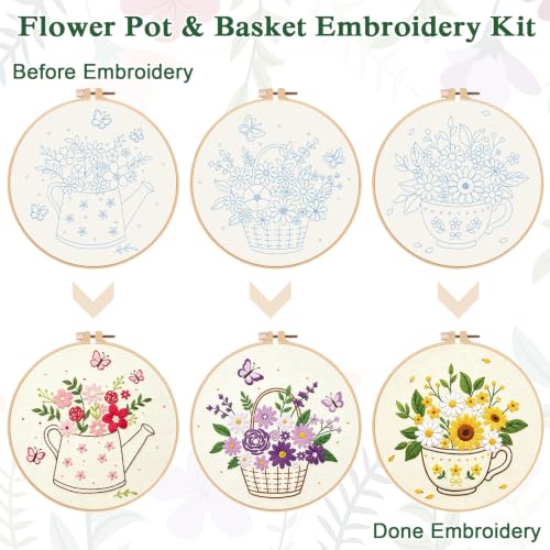 Louise Maelys 3 Pack Flower Pot & Basket Embroidery Kit for Beginners - color: Flower Pot