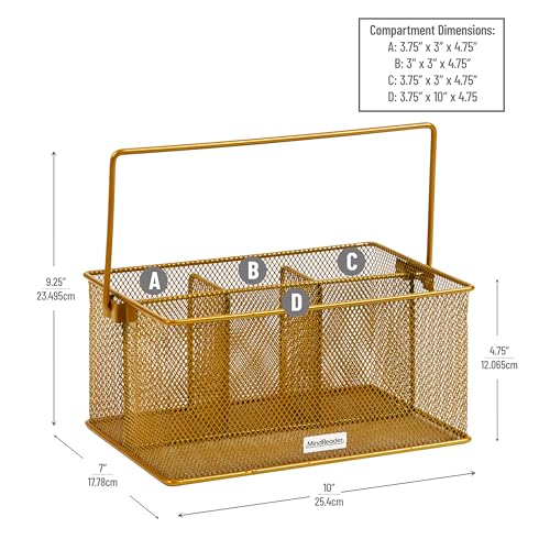 Mind Reader Multi-purpose Storage Caddy with Handle, Desktop Organizer, Cutlery Holder, 4 Compartments, Metal Mesh, Gold