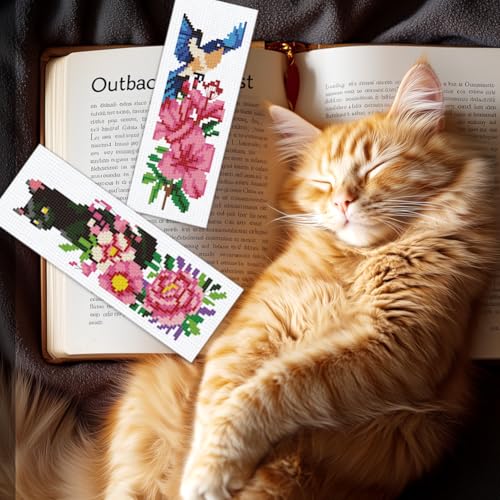 BEUNITONE 6 PCS Cross Stitch Bookmark Kit for Adults Beginners,Animal and Floral Pre-Printed Cross Stitch,DIY Stamped Embroidery Bookmark Kits,with Instructions,Craft Kit for Book Lovers 8.5''x3'' - style: Animals And Flower Plants