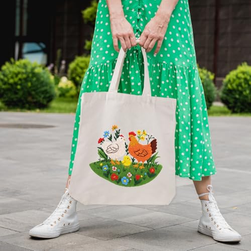 Louise Maelys Embroidery Kit Canvas Tote Bag, Chicken Floral Pattern - color: Rooster