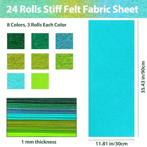 24 Pcs Wool Blend Felt Sheets Bulk, 12"x35", 1MM Thick - color: Green Series
