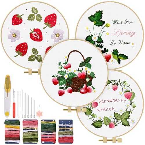 TINDTOP Embroidery Kit for Adult, 4 Pack Cross Stitch Practice Kits - color: Strawberry
