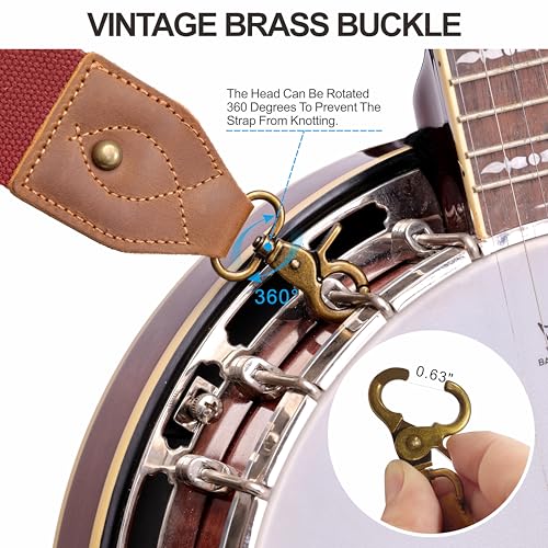 Nefelibata Banjo Strap,2"Wide Double Crazy Horse Leather Jacquard Embroidery Strap Adjustable Replacement,Multi-pattern Strap With Metal Clips - color: A#-burgundy