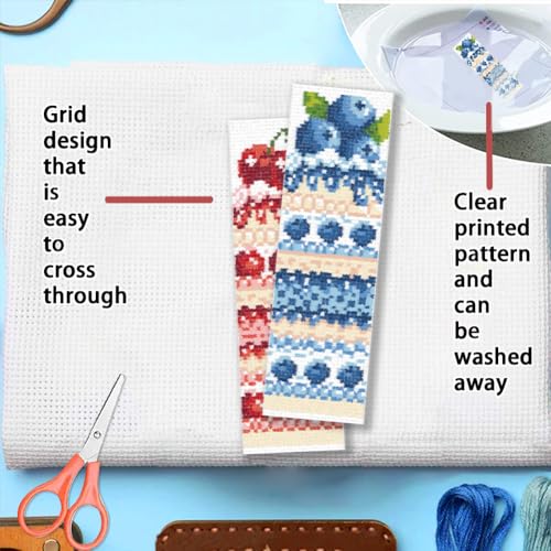 FREEBLOSS 6pcs Fruit Cake Cross Stitch Bookmark Kit 11CT Stamped Cross Stitch Kit DIY Embroidery Bookmarks Set with Felts Backing Instructions for Adult Beginners 8"x2.4" - style: Cake cutting surface