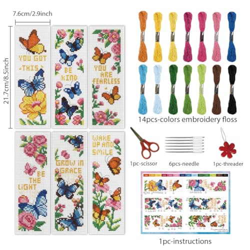 INFUNLY 6pcs Butterfly Quotes Cross Stitch Bookmark Kit DIY Embroidery Starter Set 3x8.5 Inch Cotton Linen Pre-Printed Fabric 14 Colors Floss Backing Felt Needles Threader Instructions for Book Lovers - style: Butterfly and Quotes