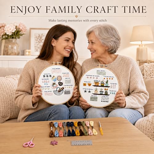Ruyitycy Embroidery Kit for Beginners and Adults, Learn 21 Stitches with Video Tutorials, All-in-One Hand Embroidery Starter Set with Patterns, Hoop, Threads and Tools