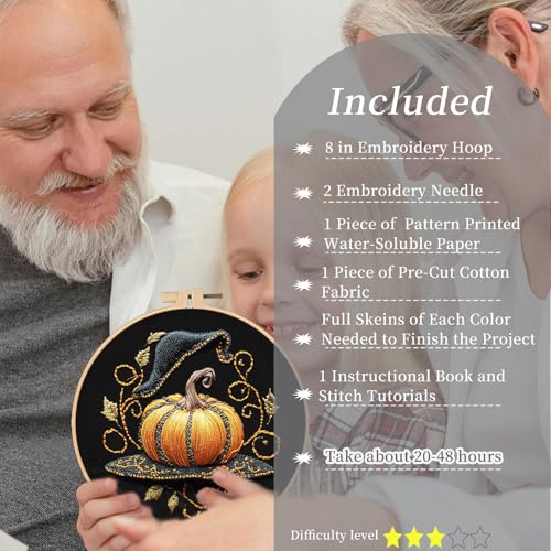 FONNUY Pumpkin Embroidery Kit for Beginners, Pre-Stamped Pattern Kits for Adults with Hoop, Easy to Follow Color Thread Needlework, 8'' Hoop (Witch Hat 2) - color: Witch Hat 2