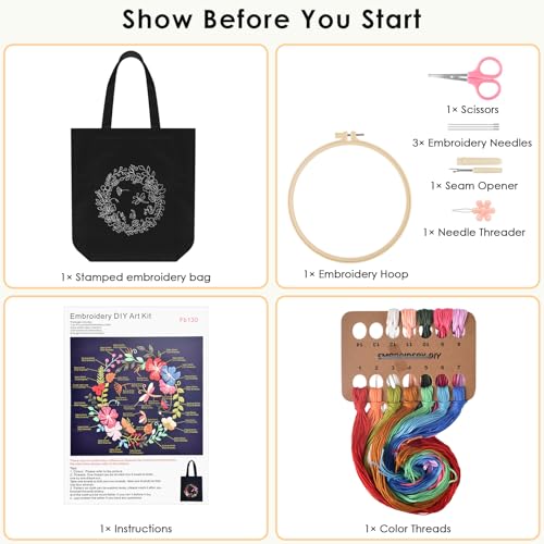 ERKOON Canvas Tote Bag Embroidery Kit for Beginners, Floral Arts Crafts Cross Stitch Kits for Adults Including Stamped Embroidery Bag with Hoops, Needle, Instruction and Color Threads(Wreath) - color: Wreath