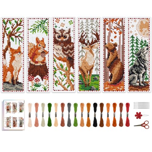 ACRNIGHEET 6 PCS Cross Stitch Bookmark Kit Animals Patterns DIY Stamped Embroidery Bookmark Kit DIY Bookmarks Crossstitch Kits Adul Stamped Embroidery Bookmarks with Instructions 11CT - style: Forest animal patterns