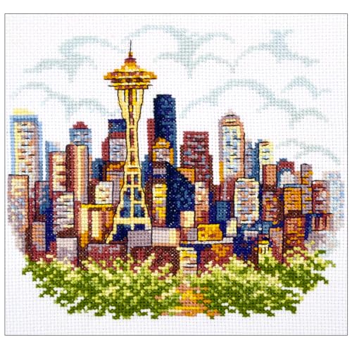 Povitrulya Counted Cross Stitch Kit for Adults “Seattle” - Cityscape Hand Embroidery Set with Paper Pattern, 14 Count Aida Cloth and Pre-Sorted Cotton Floss