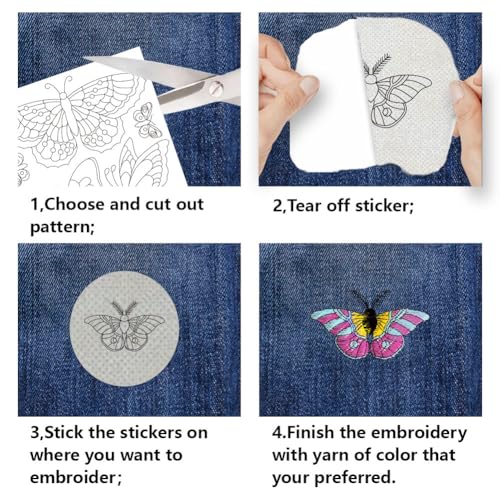 BENECREAT 4 Sheets 40Pcs Stick and Stitch Embroidery Paper, Butterflies Stabilizer Water Soluble Hand Sewing for Carves, Shirts, Coats, Bags, Towels - color: Butterflies