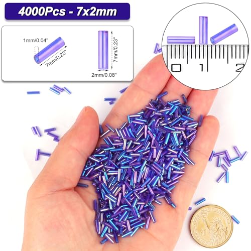 4000 Pcs Oil Slick Purple Blue Glass Bugle Beads, 2 x 7 mm Embroidery Beads, Small Long Tube Seed Beads for Embroidery Craft Jewelry Making - color: Oil Slick Purple Blue