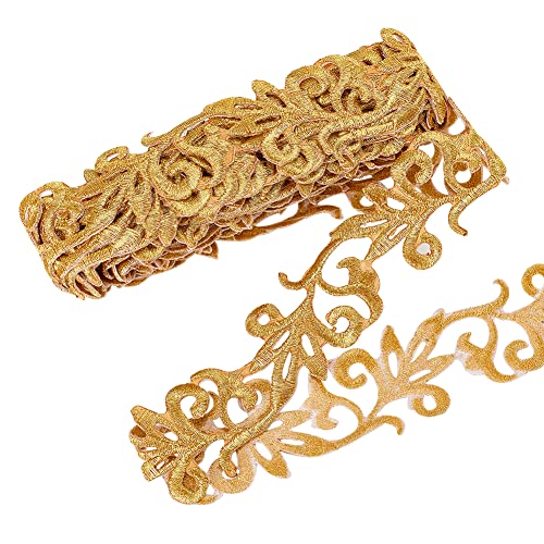 NBEADS 4.37 Yards Gold Embroidery Polyester Ribbons, 1.3 Inch Wide Adhesive Goldenrod Lace Trim Iron on Metallic Flower Lace for Sewing Costumes Gowns Home Decor Garment Accessories - color: 1.3 Inch Gold Ribbons