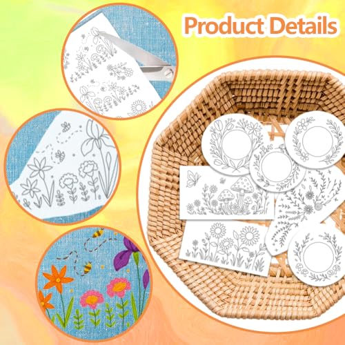 ORIGACH 4 Sheets Plant Themed Water Soluble Embroidery Patterns Stabilizers - Pre-Printed Flower Wreath & Bush Patterns Designs - Stick & Stitch Embroidery Paper for Hand Sewing Lovers - color: Flower Wreath & Bush