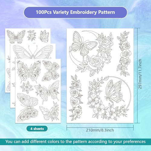 GLOBLELAND 4 Sheets Butterfly Flowers Water Soluble Embroidery Pattern - color: Butterfly