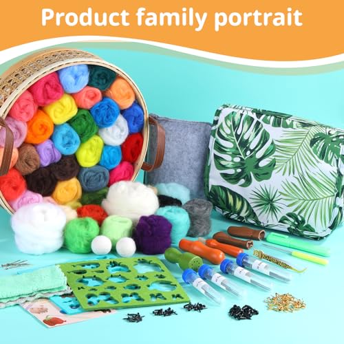 JNENERY Needle Felting Kit, 42 Colors Wool Roving Starter Kit