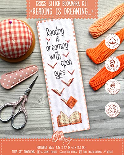 Povitrulya Reading is Dreaming' - Embroidery Set for DIY Bookmark - Counted Cross Stitch Kit for Adults with Paper Pattern, 16 Count Aida Canvas and Pre-Sorted Floss