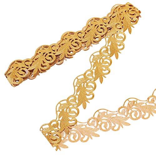 NBEADS 4.37 Yards Gold Embroidery Polyester Ribbons, 2.6 Inch Wide Adhesive Goldenrod Lace Trim Iron on Metallic Flower Lace for Sewing Costumes Gowns Home Decor Garment Accessories - color: 2.6 Inch Gold Ribbons