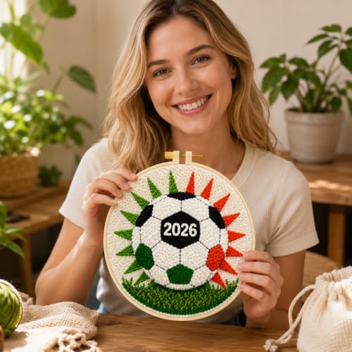 ZMYORAH Punch Needle Kit for Beginners Adults, Soccer Ball Embroidery Punch Needle Starter Craft Kits, 2026 DIY Football Sport Punch Stitch Kit Sports Theme Kit for Home Decor & Craft Gift 20x20cm