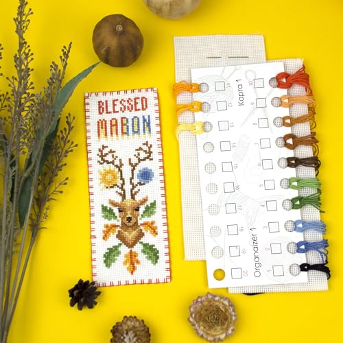 Povitrulya Cross Stitch Bookmark Kit “Mabon“ – Counted DIY Embroidery Set for Adults & Beginners, Autumn Equinox Pagan Wiccan Alban Elfed Harvest Festival Needlework Gift - color: Mabon