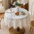 Joyfol Day Rustic Waterproof Linen Round Tablecloth, Heavy Weight Fern Embroidery Table Cloths for Round Tables, Farmhouse Spill-Proof Table Covers with Tassels, Blue, 55 inch - color: Blue Fern, size: 55" (Round)
