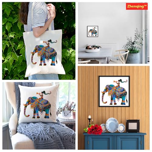 Zhenqing Elephant and Girl Stamped Cross Stitch Kit for Beginners, 11CT Printed Full Coverage Boho Elephant with Horn Player Pattern, 50 x 50 cm DIY Animal Embroidery Needlework Set, No Hoop Needed - color: Boho Elephant Melody