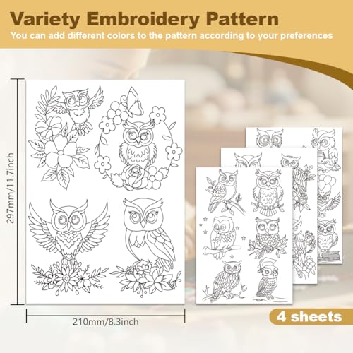 22Pcs Owl Embroidery Pattern Stabilizer, 8.3"x11.7" Owl Flower Water Soluble Stick and Stitch Embroidery Sticker, 4 Sheets Bird Hand Sewing DIY Embroidery Paper - style: Owl