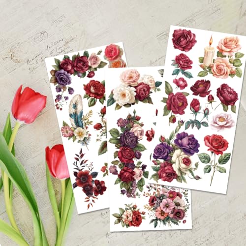 3 Sheets Red Rose Rub on Transfers for Crafts and Furniture Vivid Rose Vintage Floral Transfers Sticker for Wood Furniture Journal Scrapbooking Home Decor 5.9x11.8 inch - style: Style 2- Watercolor Painting with Flowers Patterns