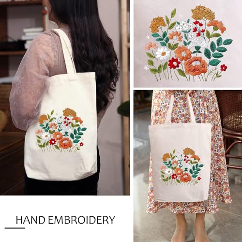 MAMUNU Canvas Tote Bag Embroidery Kit with Pattern for Beginners, Arts and DIY Crafts Kits for Adults, Include Instructions Embroidery Bag, Embroidery Hoops, Color Threads and Tool - color: Beige