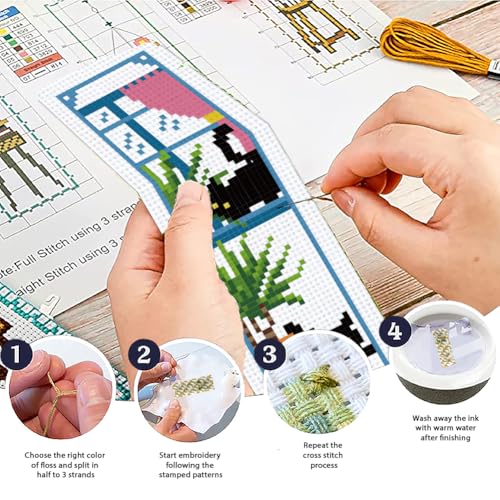 ACRNIGHEET 6PCS Cross Stitch Bookmark Kits Cute Cat and Plants Pattern Stamped Cross Stitch Kits for Beginners Adults DIY Stamped Embroidery Bookmarks with Instructions Hand Embroidery Craft Gift 11CT - style: Black cat and plant patterns