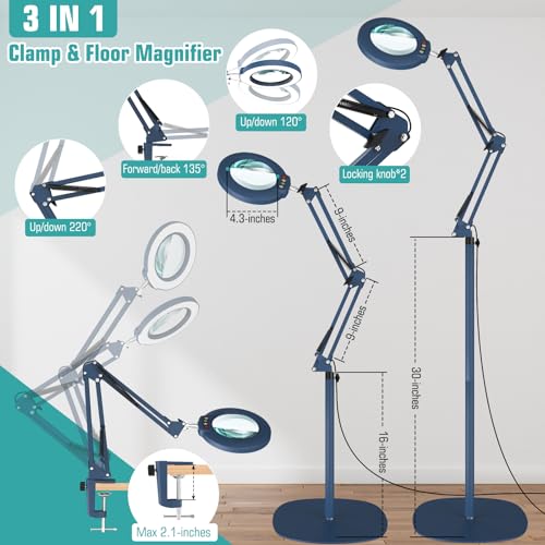 12X Magnifying Glass with Light and Stand, Real Glass Lens (Not Acrylic), 5 Color Modes, Stepless Dimmable, LED 3-in-1 Floor Lamp, Swing Arm with Clamp, Lighted Magnifier Hands Free for Crafts - Blue - color: Blue