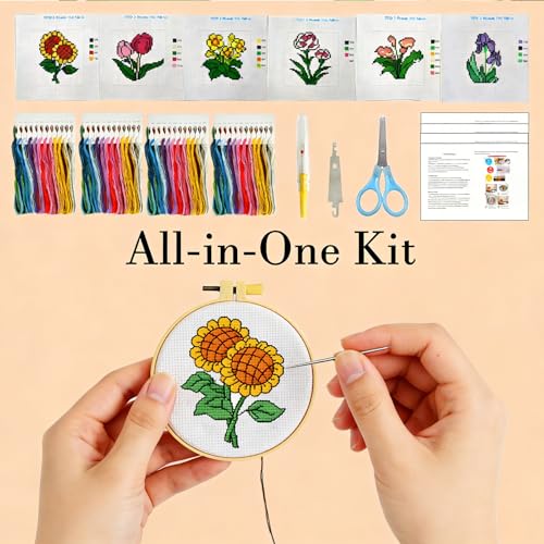 Zhenqing 6 Pack Flower Stamped Cross Stitch Kit for Beginners, 11CT Printed 16 x 16 cm Floral Patterns with Hoop and Tools, Sunflower Iris Calla Lily Primrose Tulip Carnation DIY Embroidery Set - color: 6 Pack Flower