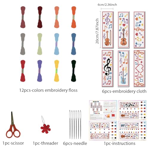 FREEBLOSS 6 Set Phonetic Symbol Cross Stitch Bookmark Kits DIY Bookmarks Cross Stitch Kits,Stamped Embroidery Bookmarks Counted Cross Stitch Kit for Beginners Adults 22 * 8cm - style: Note sheet music
