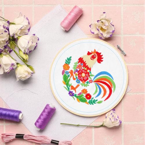 Rivvlive 4 Sets Funny Rooster Embroidery Kit with Embroidery Hoop Pattern Needlepoint Kit for Beginners and Adults Needlepoint Crafts Set with Needles Thread and Instruction DIY - style: Rooster