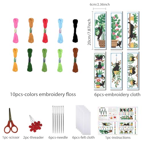 FREEBLOSS 6 Set Cross Stitch Bookmark Kits Cat and Potted Plants Stamped Cross Stitch Kit for Beginners, Printed Embroidery Bookmarks Kit with Instructions for Adults, 8''x2.4'' - style: Cats&Potted&Plants