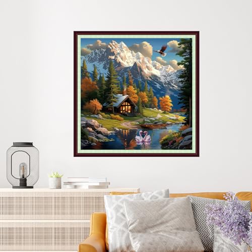 Dooxvey Cross Stitch Kits for Adults Beginners,Full Range of Cross-Stitch Stamped Kits Needlepoint Kits for Beginners Embroidery Kits 11CT Cross Stitch Patterns-Snow Mountain Scenery 18x18 inch - color: Magicolor30