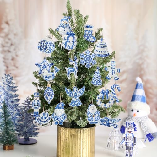 20 Pcs Christmas Diamond Art Ornaments Diamond Painting Keychain Kits - style: Blue and White Porcelain