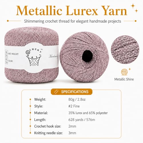 Sparkle Silver Lurex Thread Shining Yarn, 40g/314yd Metallic Crochet Yarn for Crocheting & Knitting, Sparkle Metallic Crochet Yarn for Dolls, Charm, Keychain,Adults Handmade Crafts(2PCS Rose Gold) - color: Rose Gold