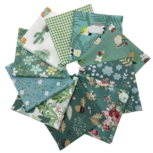 10Pcs Cotton Fabric Squares Bundles 25 x 25 cm Floral Patterns Printed Fabric Patchwork Craft Cloths for Sewing Quilting DIY Needlework Decoration Scrapbooking Handwork (Green)