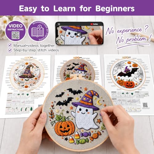 Halloween Embroidery Kit for Beginners with Pumpkin Ghost Patterns&Guide - color: Halloween