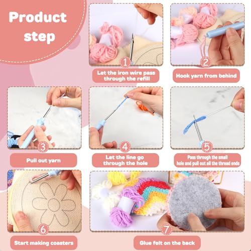 AIRDEA Punch Needle Drink Coasters Kit,Casual Punch Needle Embroidery Complete Kits for Beginner 3.29x3.29 Inches,Included All Accessories,DIY Car Coasters (Pink) - color: pink