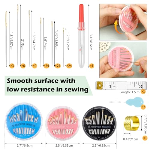 FIVEIZERO Premium Hand Sewing Needles Set,90-Count Assorted Embroidery Needles with threaders,Thread Removal Knife, Thimble,Soft Tape Measure for Hand Sewing Repair - color: Pink+Black+Blue