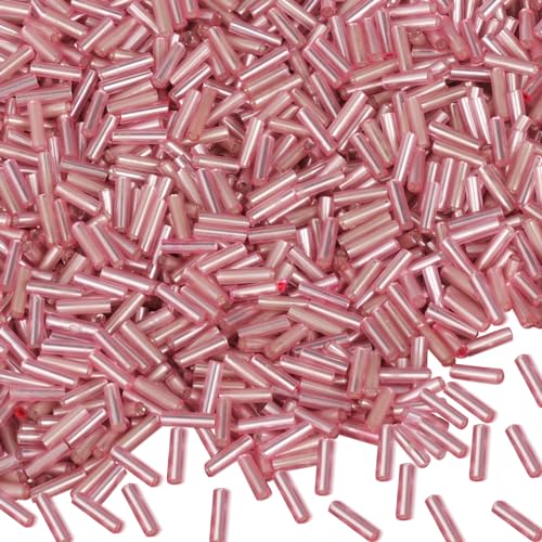 4000pcs Light Pink Bugle Beads Bulk -Embroidery Beads,Long Tube Bead for Jewelry Making, Bracelet Necklaces Supplies,Craft DIY(7x2mm) - color: Light pink