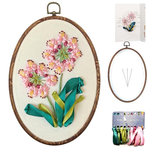 FONNUY Ribbon Embroidery 3D Flowers Pattern Design Kit Embroidery DIY Handwork Set Oval Home Decoration (Pink Crabapple) - style: Pink Crabapple