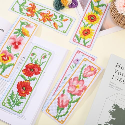 ORIGACH 6 Set Flowers Cross Stitch Bookmark Kit for Beginner - style: Flowers