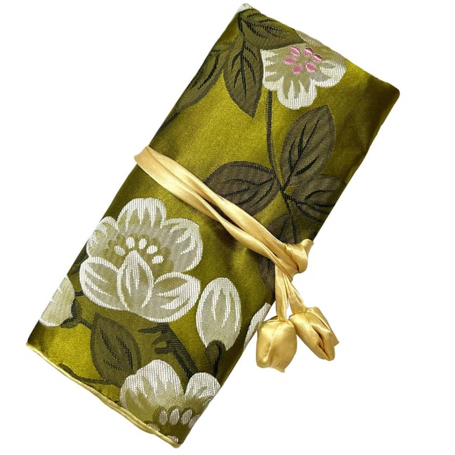 SmilerSmile Jewelry Travel Bag Embroidery Travel Jewelry Organizer with Tie Close Embroidered Flower Jewelry Roll for Women Girls (Plum Blossom, Green) - color: Plum Blossom-Green