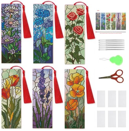 NEGEKFKX 6 Pcs Flowers Cross Stitch Bookmark Kit for Adult Beginners - color: Cross stitch bookmark-4
