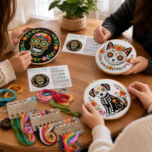 Nuberlic 3 Pack Sugar Skull Embroidery Kit for Beginners, Day of the Dead - color: Day of the Dead