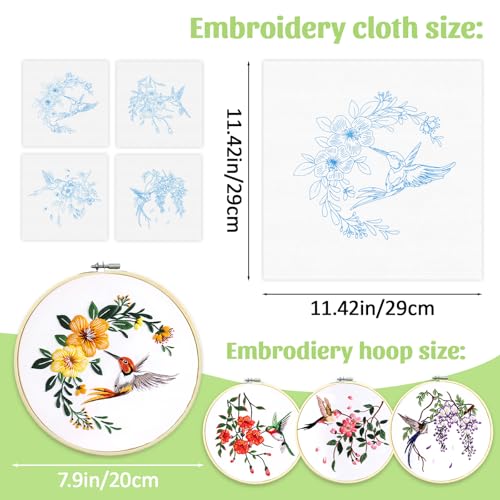 Esoes 4 Pack Embroidery kit for Beginners, Hummingbird and Flower Cross Stitch Kits with Clear Instructions,1 Embroidery Hoops,Stamped Patterns,Colorful Threads & Tools, Gifts for Crafters