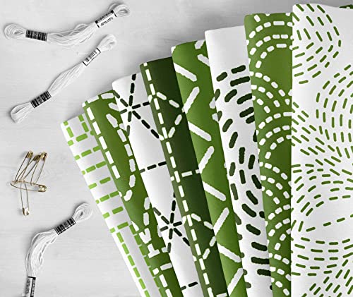 Soimoi 8 Pc Fat Quarter Bundle Japanese Sashiko Print 18"x 22" DIY Patchwork- 100% Cotton Pre-Cut Quilting Fabric White & Green
